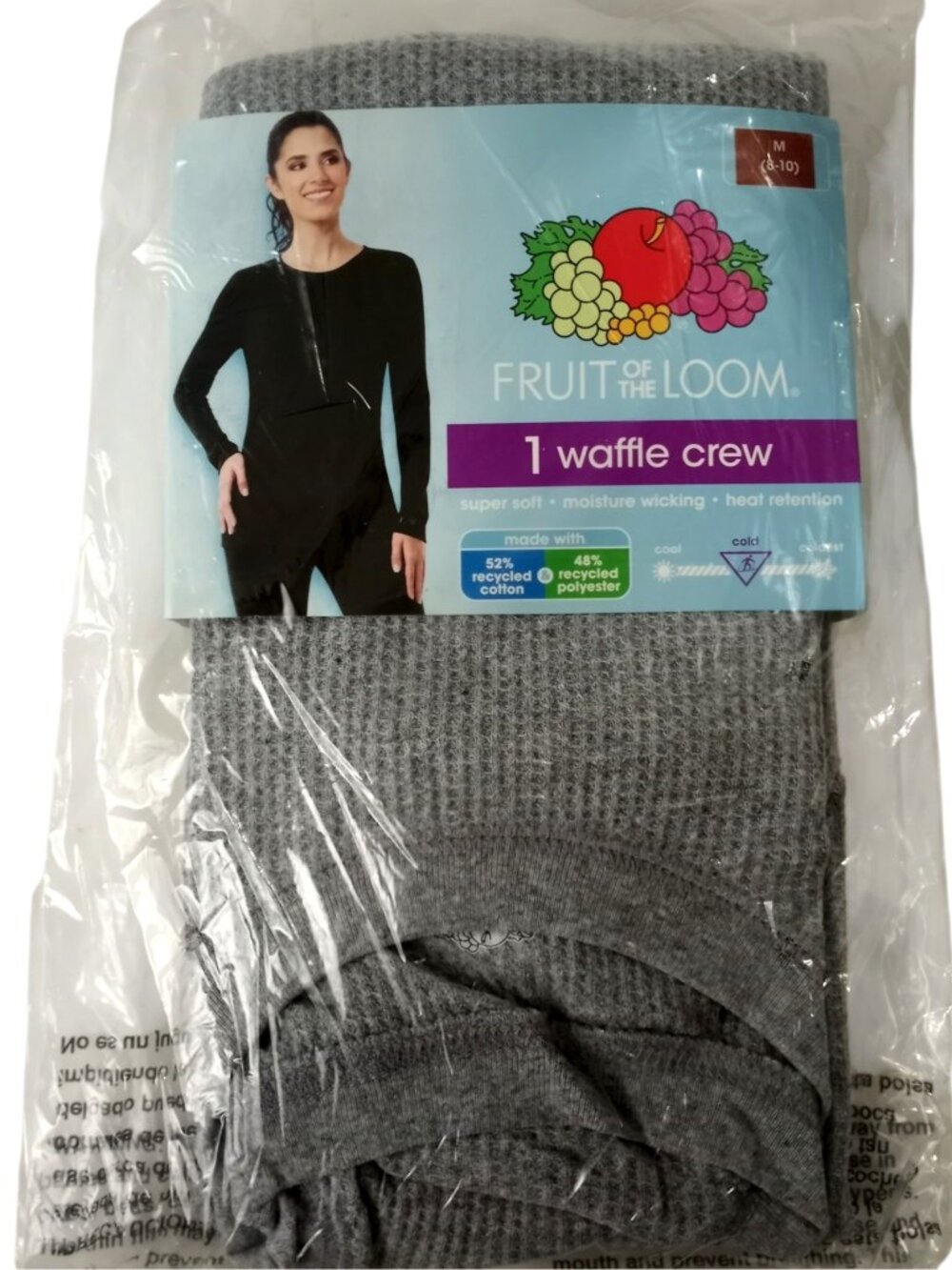 NEW Fruit of the Loom Womens M 8 - 10 Gray Waffle Thermal Crew Base Layer Top